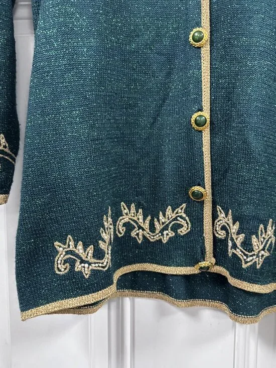 Vintage Jaclyn Smith Green Metallic Beaded Embroidered Floral Cardigan Sweater M - Picture 4 of 13